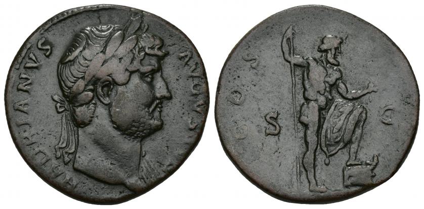 468   -  IMPERIO ROMANO. ADRIANO. Sestercio. Roma (125-127). A/ Cabeza laureada a der. y drapeada sobre el hombro izq.; HADRIANVS AVGVSTVS. R/ Neptuno a der. con tridente, acrostolium y pie sobre proa; COS (III), S-C. AE 25,37 g. 32,50 mm. RIC-813. Pátina oscura. MBC-/MBC.