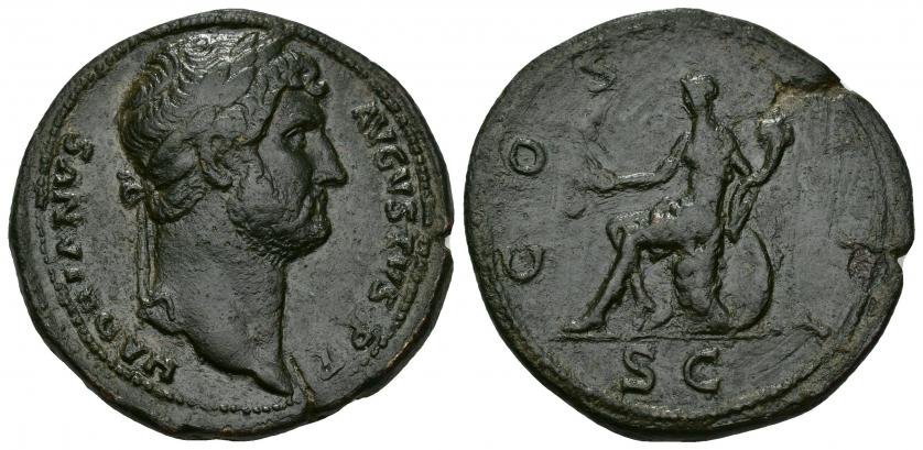 469   -  IMPERIO ROMANO. ADRIANO. Sestercio. Roma (128-129). A/ Cabeza laureada a der.; HADRIANVS AVGVSTVS P P. R/ Roma sentada a izq. con Victoria y cornucpoia; COS III, en exergo S C. AE 26,45 g. 35,50 mm. RIC-971. Campos repasados en rev. Cospel abierto. Pátina verde oscuro. MBC/MBC-.