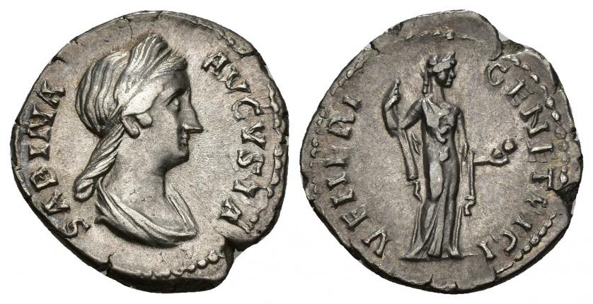 473   -  IMPERIO ROMANO. SABINA. Denario. Roma (136-138). A/ Busto diademado y drapeado, con coleta a der.; SABINA AVGVSTA. R/ Venus a der. con manzana y sujetándose el vestido; VENERI GENETRICI. AR 3,24 g. 18,77 g. RIC-2576. Cospel abierto. MBC+. Ex subasta H. J. Berk (2004), lote 319).