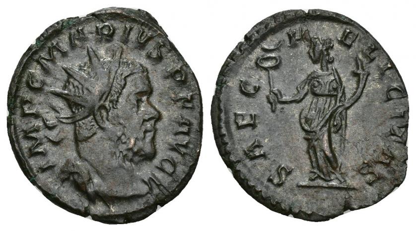 519   -  IMPERIO ROMANO. MARIO. Antoniniano. Treveris o Colonia (269). A/ Busto radiado a der.; IMP C MARIVS P F AVG. R/ Felicitas a izq. con caduceo y cornucopia; SAEC FELICITAS. VE 2,95 g. 20,57 mm. RIC-10. MBC+/EBC-.