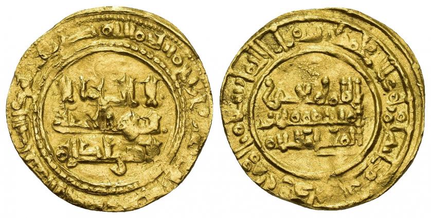 557   -  ACUÑACIONES HISPANO-ÁRABES. CALIFATO. Yahya I. Dinar. Al-Andalus. 413 H. AU 3,9 g. 22,5 mm. V-No. Prieto-80a. MBC+. Rarísima (no más de 5 ejemplares conocidos).