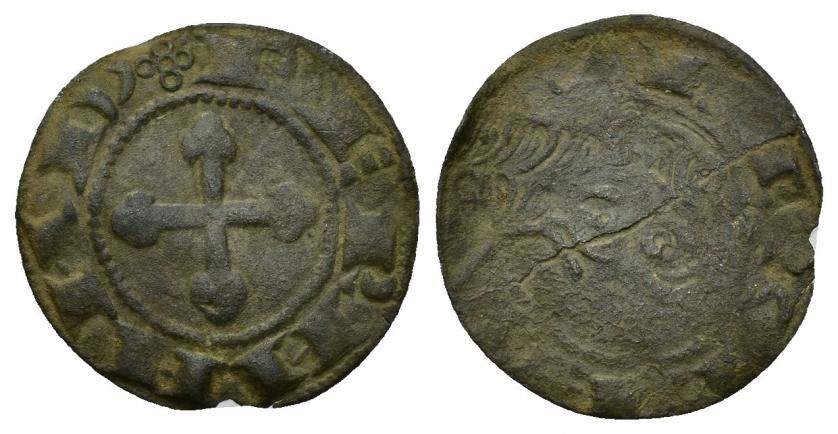 581   -  REINOS DE CASTILLA Y LEÓN. FERNANDO II. Dinero. León. A/ Cruz de círculos; FERNAND´. R/ . REX . LEO. VE 0,55 g. 17,49 mm. III-No. BMM-196. MM-F 2.4.1. Ligeramente alabeada. Raya en anv. BC+/MBC. Muy rara.