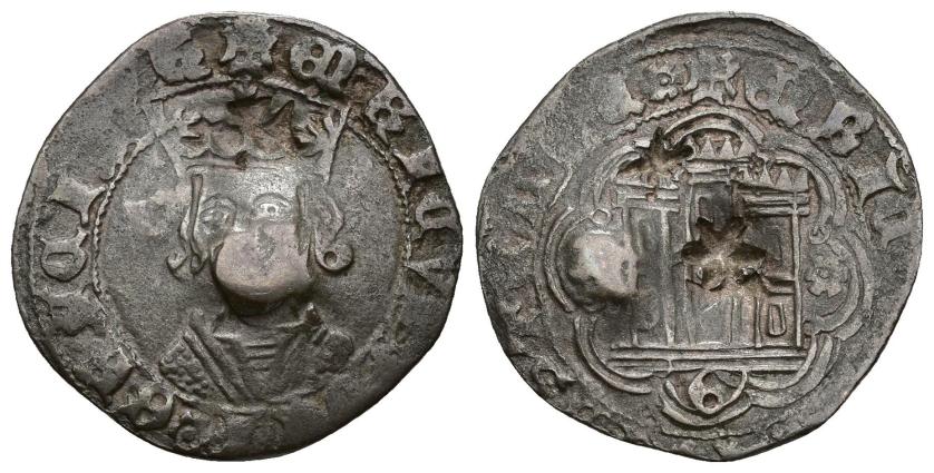 597   -  REINOS DE CASTILLA Y LEÓN. ENRIQUE IV. Cuarto. Guadalajara. Resellos en forma de flor y cruz. AR 3,55 g. 25,5 mm. MBC-. 