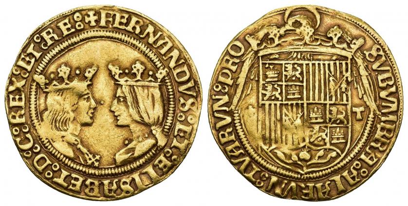 607   -  REYES CATÓLICOS. Doble excelente. Toledo. Escudo entre cruz de puntos y T. AC-748. AU 6,94 g. 28,4 mm. MBC. Muy escasa.