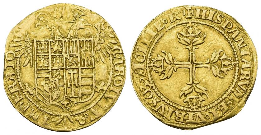 610   -  CARLOS I. Escudo (1535). Acuñada para la expedición contre Túnez. Barcelona. AU 3,26 g. 26,1 mm. AC-120. MBC+.