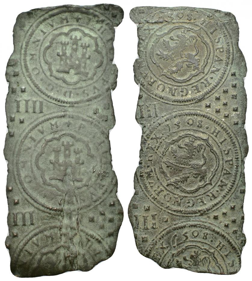615   -  FELIPE II. Fragmento de lámina o riel con 2 piezas y media sin recortar de 4 maravedís 1598, Segovia, y 16 recortes de lámina. MBC/MBC+. Muy rara.