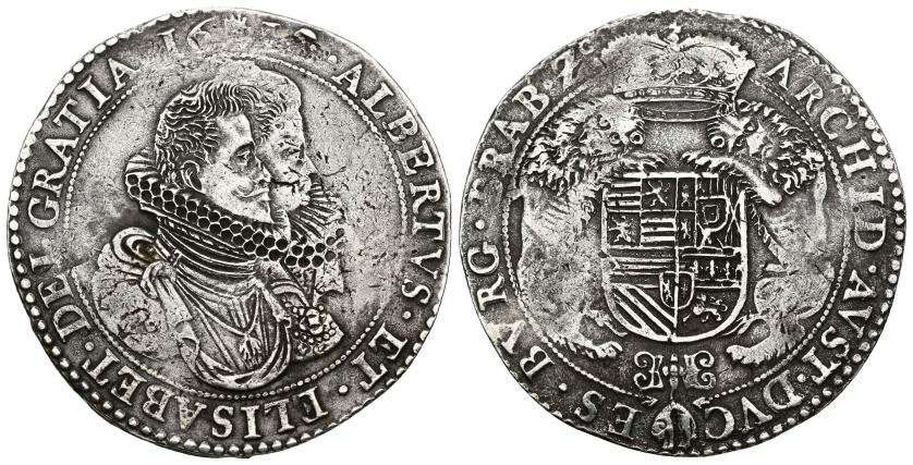 639   -  ISABEL Y ALBERTO. Ducatón. Amberes. 1618. A/ ALBERTVS ET ELISABET DEI GRATIA 1618. R/ ARCHID AVST DVCES BVRG BRAB Zc. AR 32,35 g. 43,74 mm. Vanhoudt-617.AN. DEL I-248. Vanos y leve plata agria. MBC.