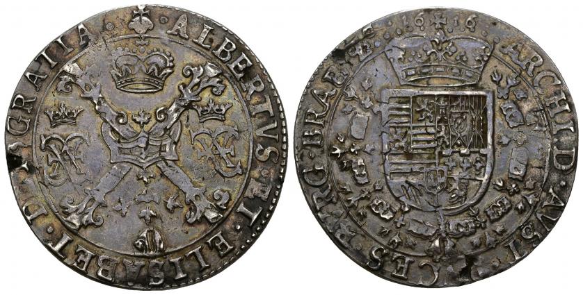 645   -  ISABEL Y ALBERTO. Patagón. Bruselas. 1616. A/ ALBERTVS ET ELISABET DEI GRATIA. R/ ARCHID AVST DVCES BVRG BRAB Z 1616. AR 27,57 g. 42,45 mm. Vanhoudt-619.BS. DEL I- 256. Pequeñas defectos de cospel. MBC+.