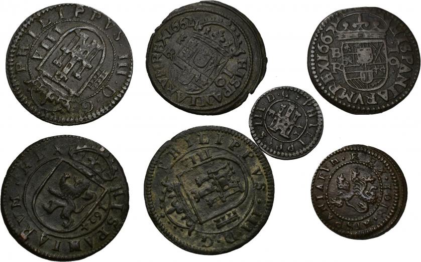 647   -  FELIPE III. Lote de 7 piezas, 5 de ellas de Segovia y 2 de Burgos. 2 maravedís (1), 4 mrs. (1), 8 mrs. (3) y 16 mrs. (2). Felipe III (4) y Felipe V (3). MBC y MBC+.