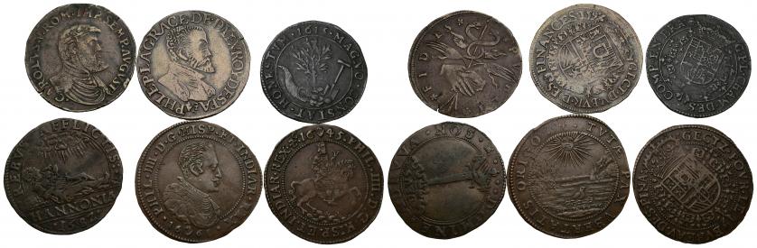 651   -  FELIPE IV. Lote de 6 jetones: Carlos I (1), Felipe II (1), Felipe IV (2), Felipe III (1) y Países Bajos (1). MBC-/MBC+.