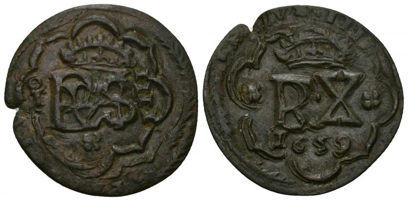 656   -  FELIPE IV. Resello 4 maravedís. 1659. Toledo. AE 4,74 g. 30 mm. Jarabo-K-125. Cospel abierto. Flan grende. MBC+.