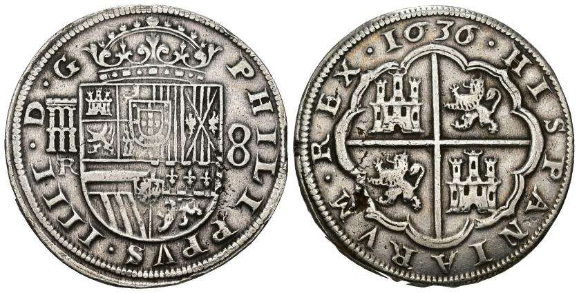 660   -  FELIPE IV. 8 reales. 1636. Segovia. R. AR 27,19 g. 40,59 mm. AC-1610. Dos defectos de cospel. MBC.