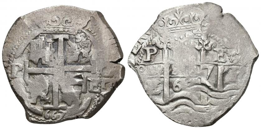 697   -  CARLOS II. 8 reales. 1667. Potosí E. AR 26,27 g. 37,5 mm. AC-698. Vanos. MBC.