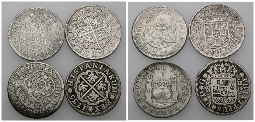 715   -  FELIPE V. Lote de 4 monedas de 2 reales: Madrid (1735), México (1738 y 1756) y Sevilla (1736). MBC-/MBC.