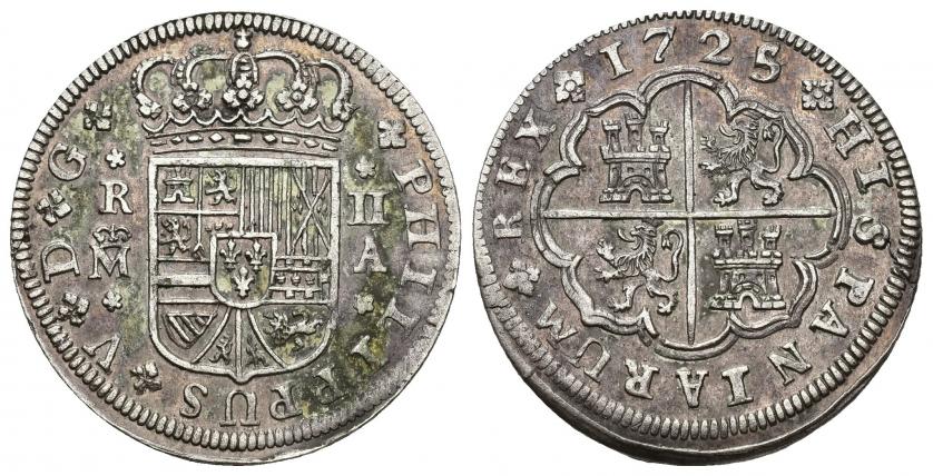716   -  FELIPE V. 2 reales. 1725/4. Madrid. A. AR 5,20 g. 28,1 mm. VI-636 vte. MBC-/MBC.