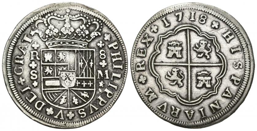 718   -  FELIPE V. 8 reales. 1718. Sevilla M. AR 24 g. 40,5 mm. VI-1258. Pequeñas marcas. MBC.