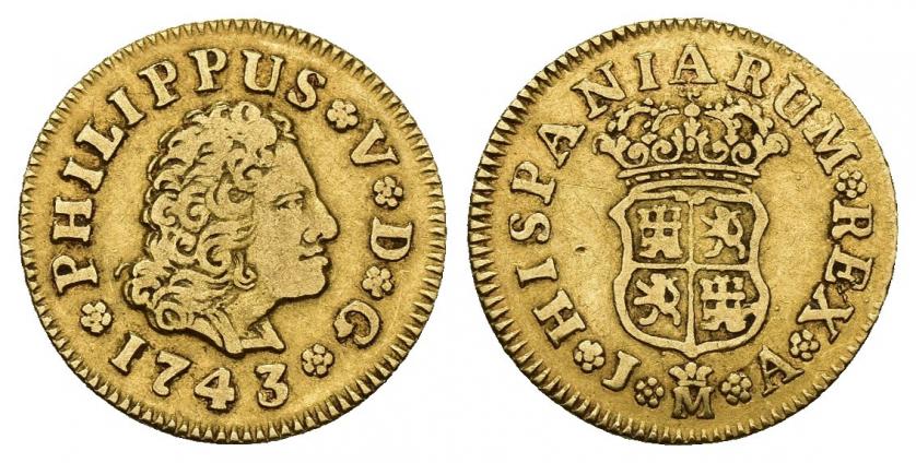721   -  FELIPE V. 1/2 escudo. 1743. Madrid. JA. AU 1,74 g. 15,1 mm. VI-1277. MBC-. 