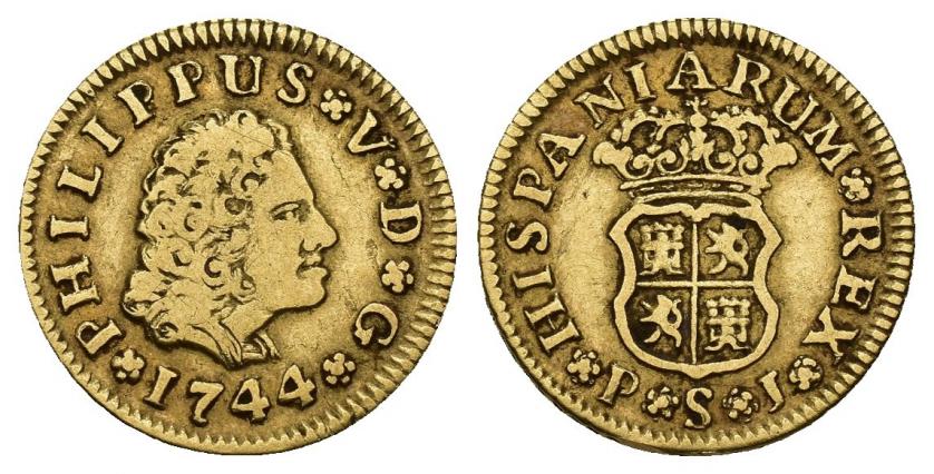 722   -  FELIPE V. 1/2 escudo. 1744. Sevilla. PJ. AU 1,74 g. 15,2 mm. VI-1288. MBC-/MBC.