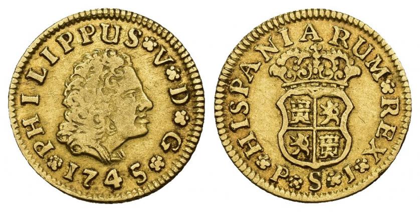 723   -  FELIPE V. 1/2 escudo. 1745. Sevilla. PJ. AU 1,74 g. 15,2 mm. VI-1290. MBC-/MBC.