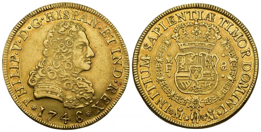 725   -  FELIPE V. 8 escudos. 1746/5. México MF. AU 27,03 g. 37 mm. VI-1745 vte. EBC-. Rara.
