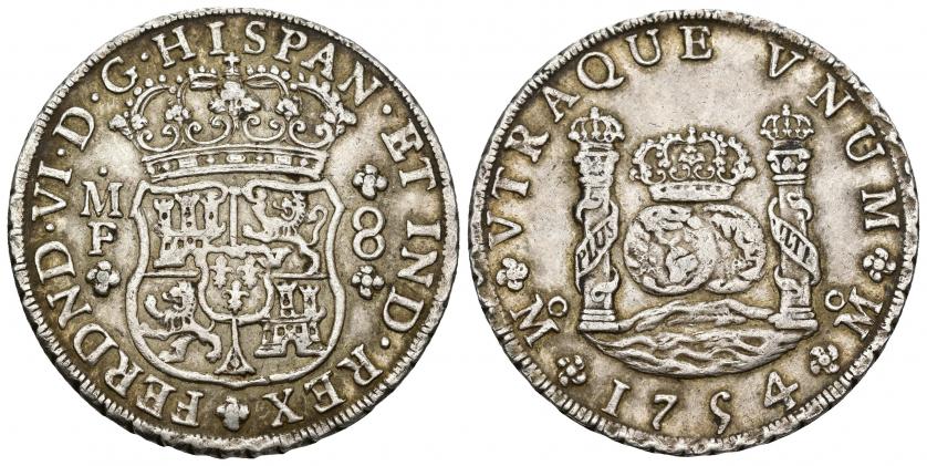 727   -  FERNANDO VI. 8 reales. 1754. México. MF. Coronas reales. AR 26,95 g. 39,7 mm. VI-362. MBC.