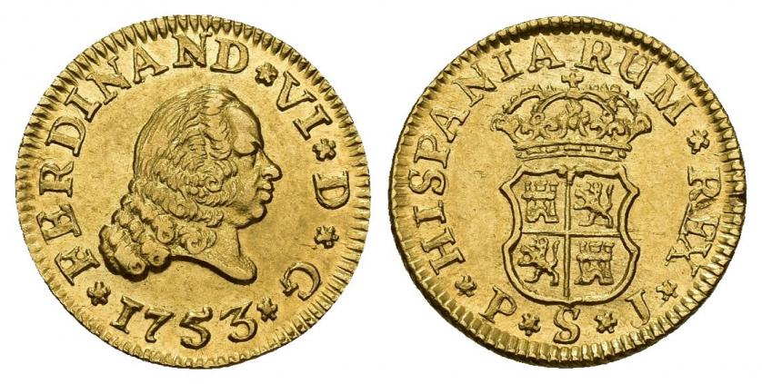 730   -  FERNANDO VI. 1/2 escudo. 1753. Sevilla. PJ. AU 1,78 g. 15 mm. VI-427. R.B.O. EBC. 