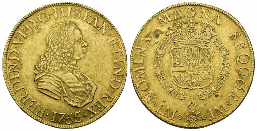 731   -  FERNANDO VI. 8 escudos. 1755. Lima. JM. AU 26,97 g. 36,5 mm. Hojas en rev. y pequeñas marcas. MBC+.