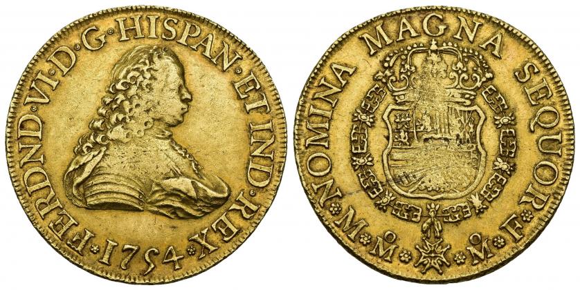 732   -  FERNANDO VI. 8 escudos. 1754. México. MF. AU 27,02 g. 36,2 mm. VI-604. Vanos y rayitas de ajuste en rev. MBC.