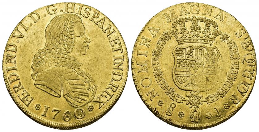 733   -  FERNANDO VI. 8 escudos. 1760/59. Santiago j. AU 27,01 g. 35,8 mm. VI-643 vte. Vano en rev. B.O. EBC-/EBC.