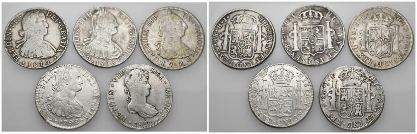735   -  CARLOS III. Lote de 5 monedas de 8 reales: Carlos III (1774 Potosí JR), Carlos IV (1792 México FM y 1806 Potosí PJ) y Fernando VII (México 1810 HJ y 1821 JJ). BC+/MBC.