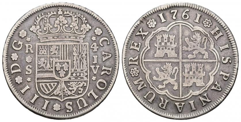 736   -  CARLOS III. 4 reales. 1761. Sevilla. JV. AR 12,97 g. 33,7 mm. VI-832. MBC-.