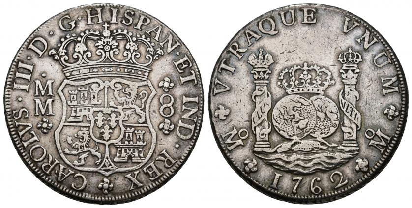 739   -  CARLOS III. 8 reales. 1762. México. MM. AR 27,13 g. 38,4 mm. VI-918. MBC.