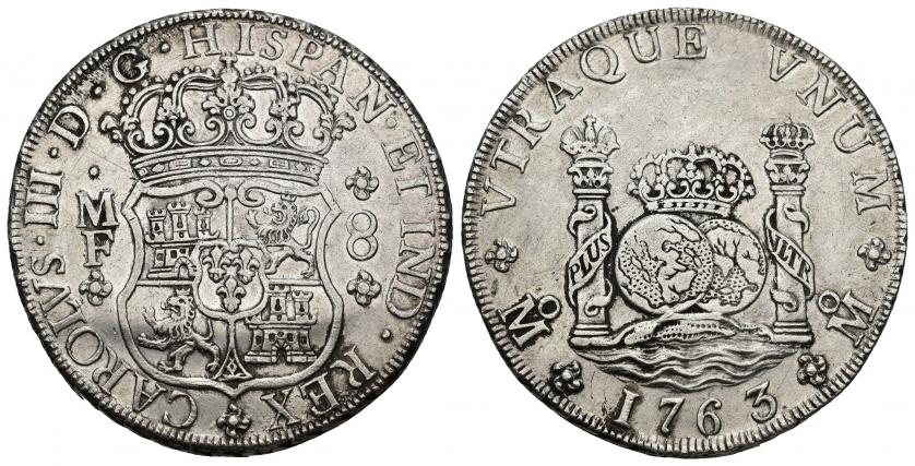 740   -  CARLOS III. 8 reales. 1763. México. ME. AR 26,98 g. 38,6 mm. VI-921. MBC+/MBC.