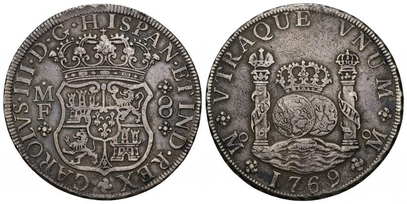 741   -  CARLOS III. 8 reales. 1769. México. MF. AR 26,57 g. 39,2 mm. VI-927. MBC.