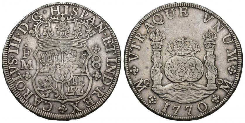 742   -  CARLOS III. 8 reales. 1770. México. FM. AR 26,7 g. 39,5 mm. VI-929. MBC.