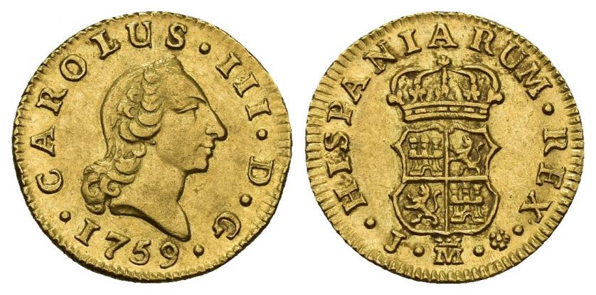 744   -  CARLOS III. 1/2 escudo. 1759. Madrid. J. AR 1,76 g. 15,5 mm. VI-1037. EBC. Rara.