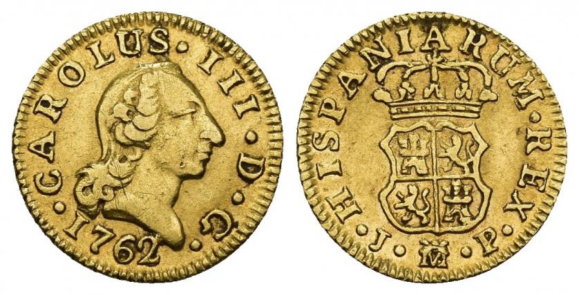 745   -  CARLOS III. 1/2 escudo. 1762. Madrid. JP. AR 1,73 g. 14,6 mm. VI-1042. Pequeñas marcas. MBC+.