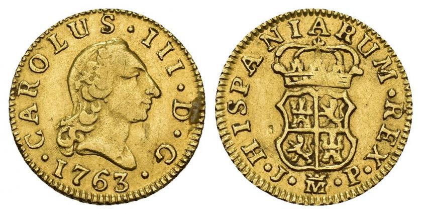 746   -  CARLOS III. 1/2 escudo. 1763. Madrid. JP. AU 1,75 g. 14,5 mm. VI-1043. Golpecito en rev. MBC. Escasa.