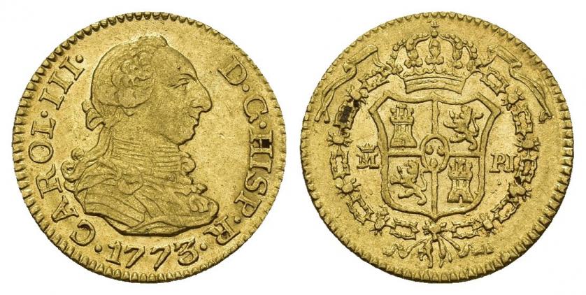 748   -  CARLOS III. 1/2 escudo. 1773. Madrid. PJ. AU 1,77 g. 14,9 mm. VI-1054. Pequeñas marcas. Ebc.