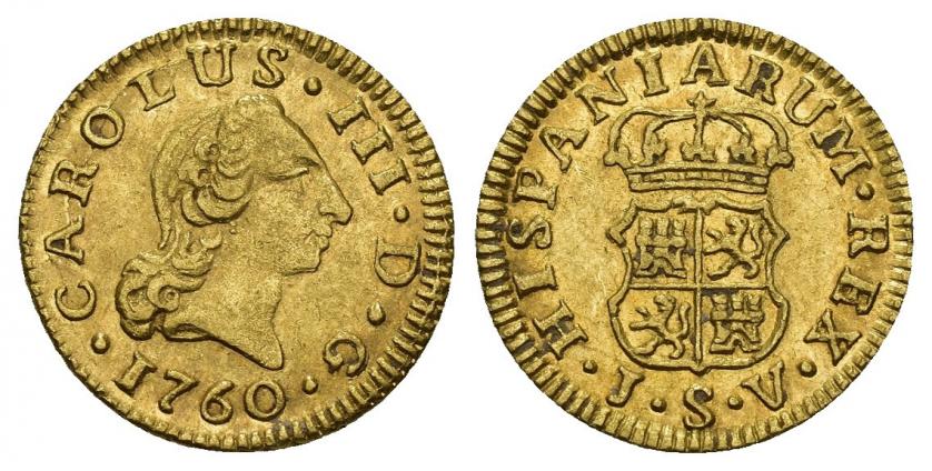 753   -  CARLOS III. 1/2 escudo. 1760. Sevilla. JV. AU 1,78 g. 15,2 mm. VI-1070. EBC-/MBC+.