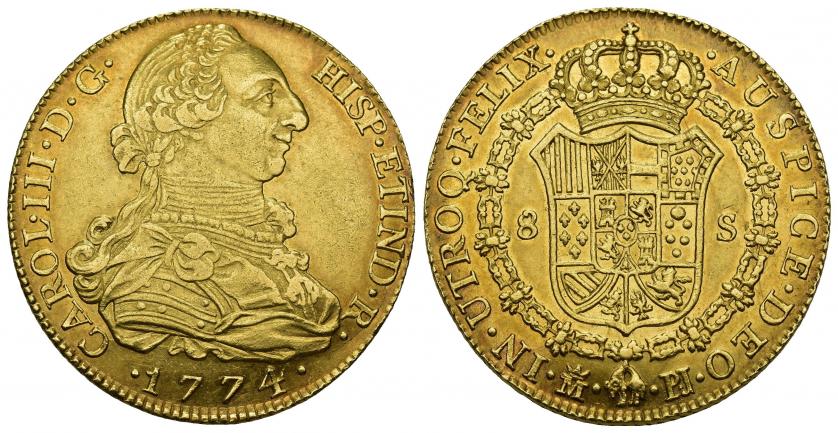 755   -  CARLOS III. 8 escudos. 1774. Madrid. PJ. AU 26,97 g. 36,8 mm. VI-1621. R.B.O. MBC+/EBC-.