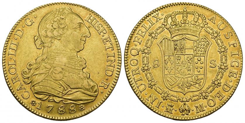 756   -  CARLOS III. 8 escudos. 1788. Madrid. M. AU 26,9 g. 36,8 mm. VI-1630. Pequeñas marcas. R.B.O. MBC+/EBC-.