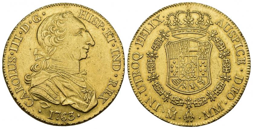758   -  CARLOS III. 8 escudos. 1763. México. MM. AU 27,06 g. 35,6 mm. VI-1636. Pudo haber estado engarzada. Pequeñas marcas. MBC+/EBC-. Rara.