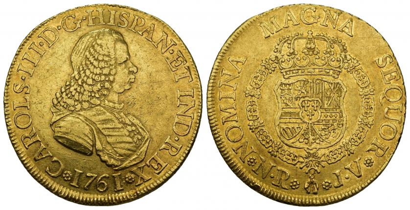 759 - CARLOS III. 8 escudos. 1761. Nuevo Reino. JV. AU 26,96 g. 37,3 mm. VI-1669. Golpecito en gráfila del rev. MBC+. Rara.