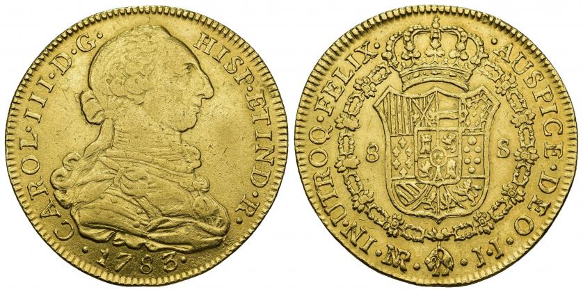 760   -  CARLOS III. 8 escudos. 1783. Nuevo Reino. JJ. AU 26,96 g. 37,8 mm. VI-1694. MBC/MBC+. 