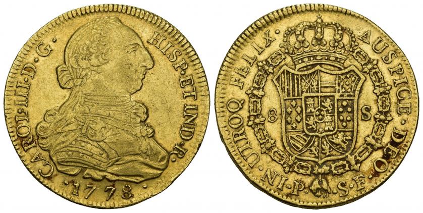 761   -  CARLOS III. 8 escudos. 1778. Popayán. SF. AU 27 g. 27,2 mm. VI-1717. Leve grafito en anv. MBC.