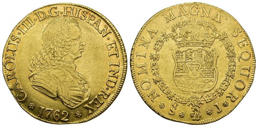 763   -  CARLOS III. 8 escudos. 1762. Santiago. J. AU 26,97 g. 36,6 mm. VI-1742. Vanos en rev. R.B.O. MBC/EBC-.