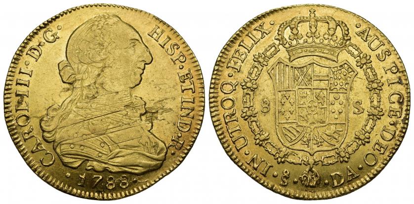 764   -  CARLOS III. 8 escudos. 1788. Santiago. DA. AU 27 g. 37,5 mm. VI-1771. Hoja y rayas de ajuste en anv. R.B.O. MBC/MBC+.