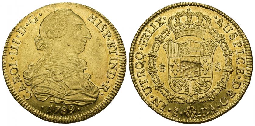 765   -  CARLOS III. 8 escudos. 1789. Santiago. DA. 27,01 g. 38,5 mm. VI-1772. Golpecitos en anv. y hoja en rev. B.O. EBC-/EBC. Escasa.