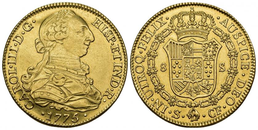 766   -  CARLOS III. 8 escudos. 1775. Sevilla. CF. AU 26,95 g. 37 mm. MBC+/EBC. Muy escasa.